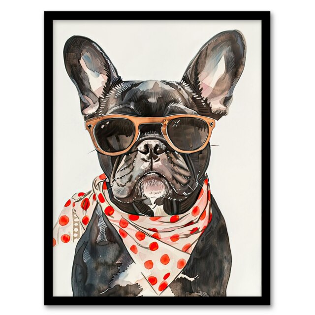 Dog Lover French Bulldog with Sunglasses Bandana Black Framed Wall Art Print A4