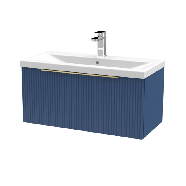 Balterley Fluted Front Wall Hung 1-Drawer Bathroom Vanity Unit with 1 Tap Hole Basin, Handles Blue Satin Blue