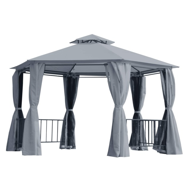 Outsunny 3 x 3m Hexagon Gazebo Patio Canopy Party Tent Outdoor Garden Shelter w2 Tier Roof & Side Panel Grey