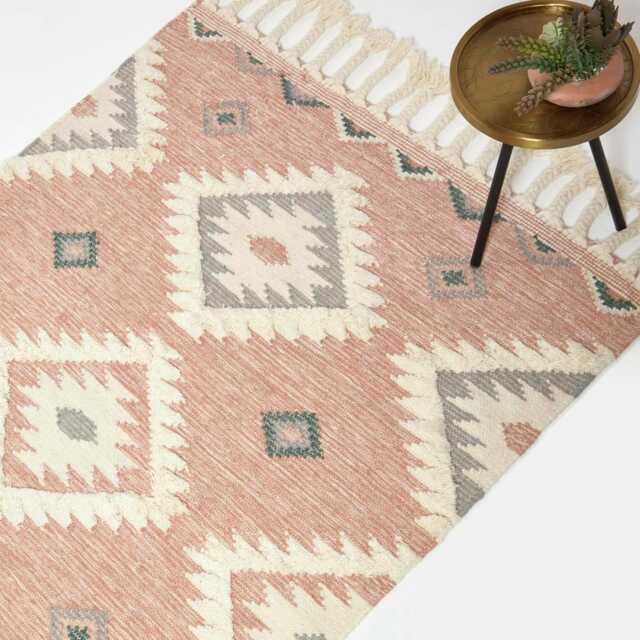 Homescapes Pali Pink Kilim Wool Rug - 120 x 170 cm Pink 120 x 170 cm