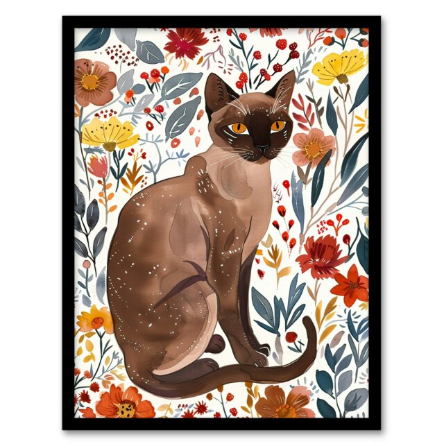 Burmese Cat Lover Watercolour Autumn Wildflowers Black Framed Wall Art Print A4