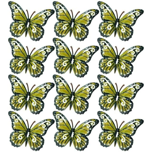 Set of 12 Yellow Small Metal Butterflies Garden/Home Wall Art Ornament