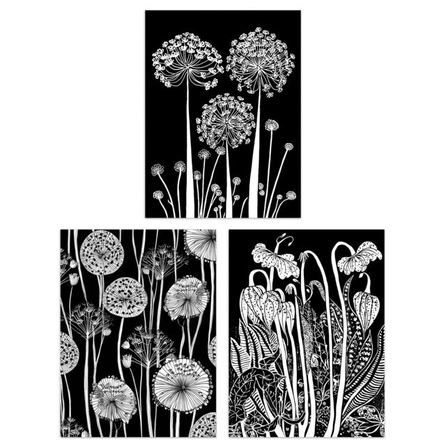 Set of 3 Elegant Allium Arisaema Flowers Artwork Paintings White Black Wall Art Prints 12X16 Inch
