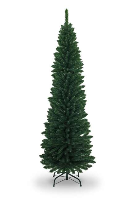 6FT Green Artificial Flocked Slim Christmas Pencil Tree Holiday Home Decorations with Pointed Tips and Metal Stand