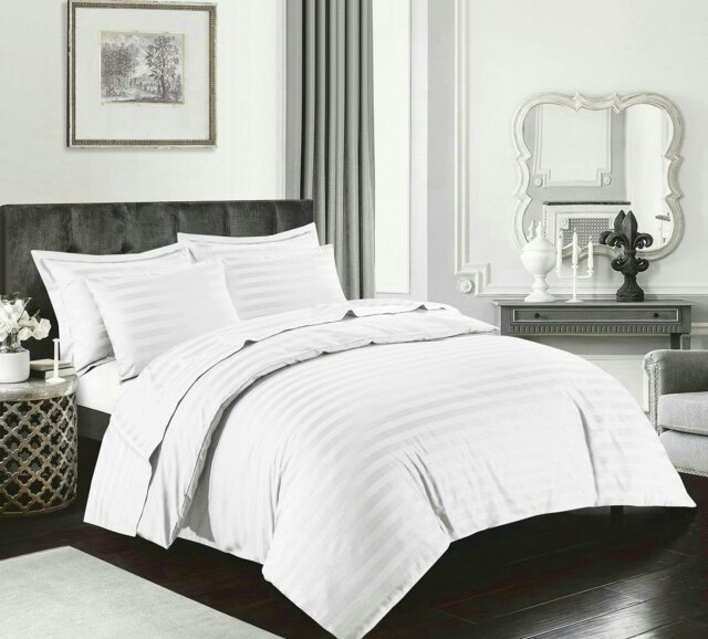Egyptian Cotton Duvet Cover Set 400 Thread Count Satin Stripe - King - White
