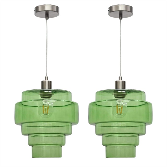 Set of 2 Benson - 5 Tier Green & Satin Nickel Ceiling Pendant Lights