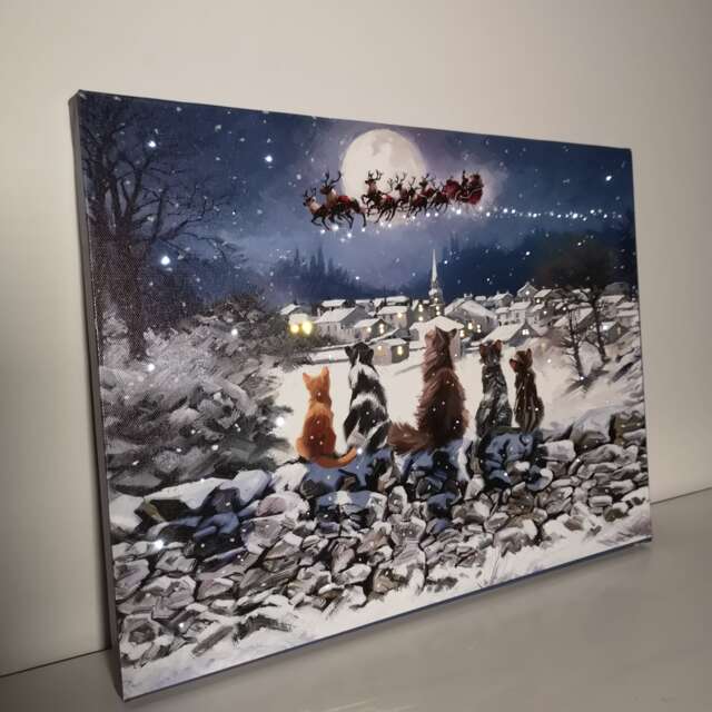 40 x 30cm Snowtime Touch Operated Cats Christmas Fibre Optic Wall Canvas