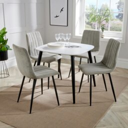 Aspen White 80cm Square Dining Table with 4 Upholstered Cord Fabric Diamond Stitch Chairs - Stylish Compact Dining Set Grey Light Grey 1