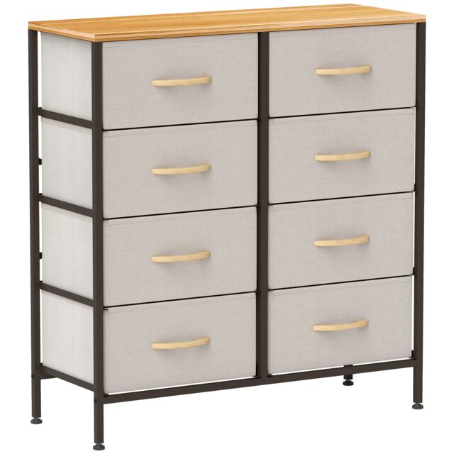 HOMCOM Fabric Chest of Drawers, Industrial Bedroom Dresser with 8 Fabric Drawers, Steel Frame and Wooden Top for Nursery, Living Room, Hallway, Cream White Cream Cream