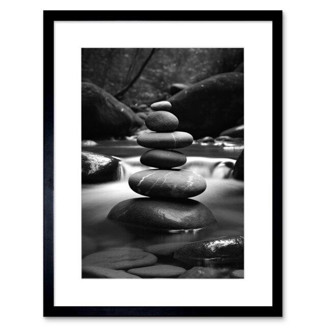 "Zen Stacking Stones River Black White Photo 9x7"" Black Framed Wall Art Print"