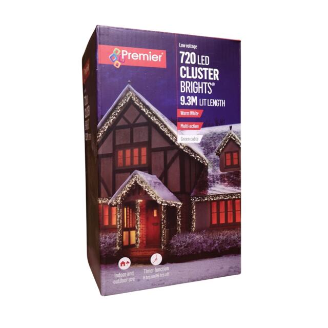720 LED 9.3m Premier Clusterbrights Indoor Outdoor Multifunction Mains Operated Christmas Cluster Lights with Timer in Warm White