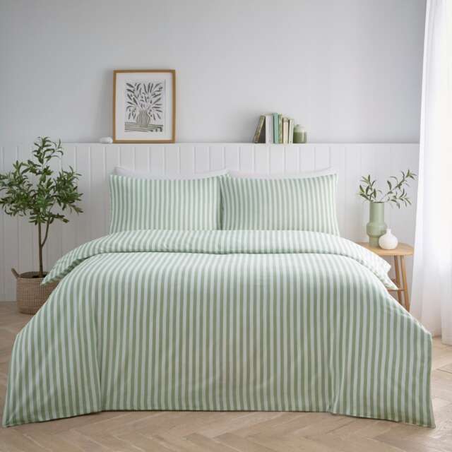 Pencil Stripe Geometric Soft Easy Care Bed Linen Bedding Duvet Cover Set With Pillow Cases Green Sage Super King