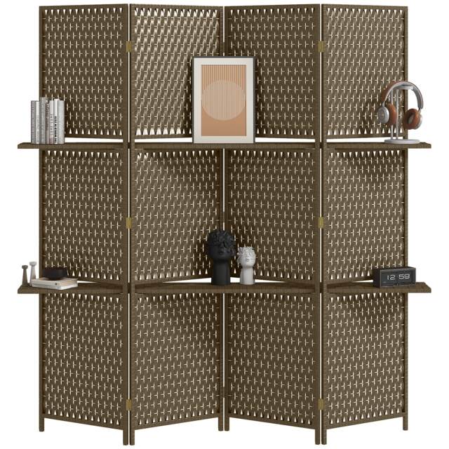 HOMCOM 4 Panel Folding Room Divider, Privacy Screen with Shelves, Brown