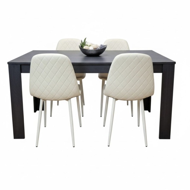 Dark Grey Wooden Dining Table with 4 Cream Faux Leather Chairs Dining Set Furniture