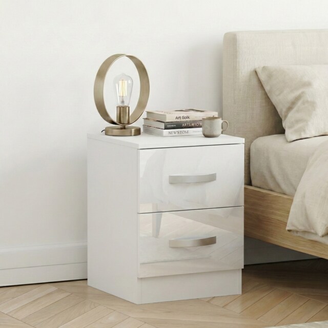 Vida Designs Hulio 2 Drawer Bedside Chest High Gloss Cabinet Table Nightstand, White