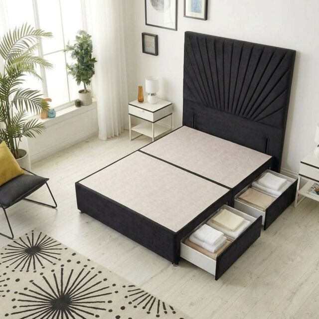 Sunburst Divan Bed with 2 Drawers & 54'' Floor Standing Headboard Plush Velvet Black Black