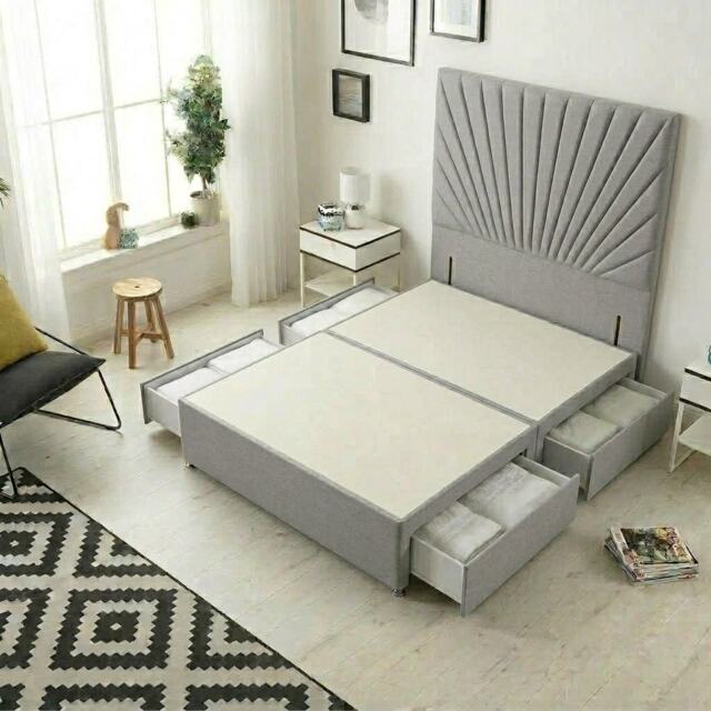 Sunburst Divan Bed with 4 Drawers & 54'' Floor Standing Headboard Linen Fabric Silver Silver