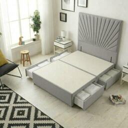 Sunburst Divan Bed with 4 Drawers & 54'' Floor Standing Headboard Linen Fabric Silver Silver