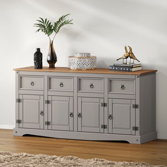 Corona Grey Wax 4 Door 4 Drawer Sideboard Cabinet Large Cupboard Solid Wood Pine Wooden with Mexican Styling