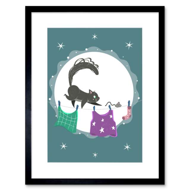 "Cat and Mouse Night Clothes Line Cartoon Kids Bedroom 9x7"" Black Framed Wall Art Print"