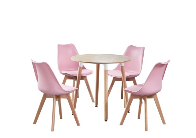 5PCs Dining Set - an Oak Round Dining Table & Set of 4 White Lorenzo Tulip chairs with Padded Seat Pink