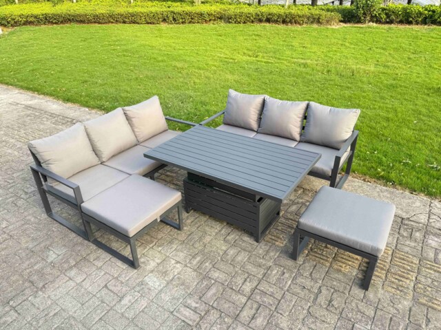Fimous 5 Pieces Garden Furniture Set Aluminium Adjustable Rising Lifting Dining Table and Sofa Set with 2 Small Footstools Dark Grey