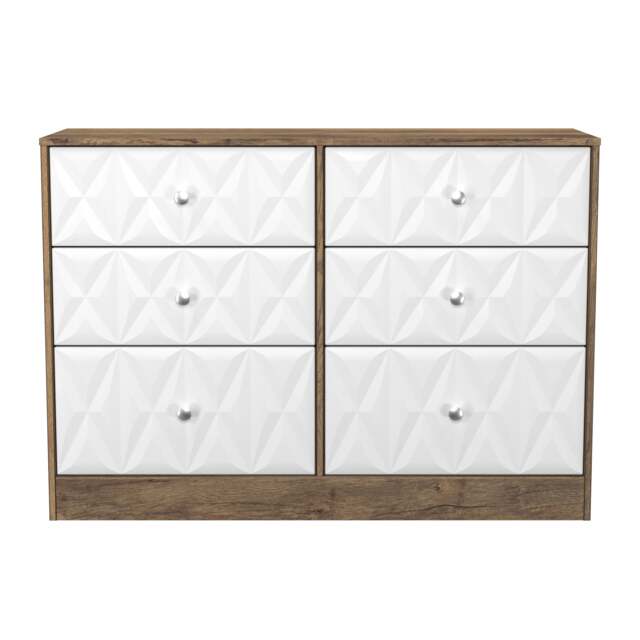 Memphis 6 Drawer Wide Chest of Drawers in White Matt & Vintage Oak (Ready Assembled) White White Matt & Vintage Oak