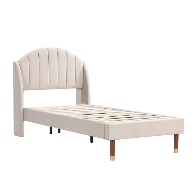 Abrihome 3ft Single Upholstered Bed, Beige Velvet with Tufted Headboard and Wooden Slatted Support, Easy Assembly, 90×190cm