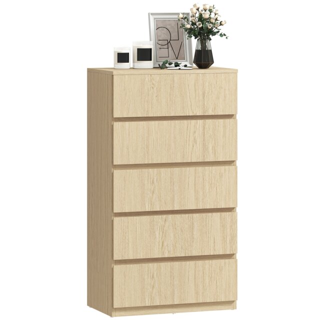 HOMCOM Bedroom Chest of Drawers, 5 Drawers Dresser, Drawer Unit Brown Natural Wood 55W x 34D x 100H cm