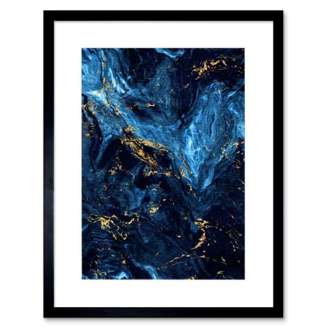"Abstract Dark Blue Gold Fluid Paint Bathroom 9x7"" Black Framed Wall Art Print"