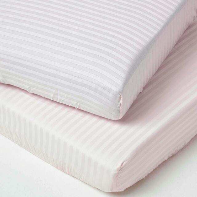 Homescapes Pink Cotton Stripe Fitted Cot Sheets 330 Thread Count, 2 Pack Pink One Size