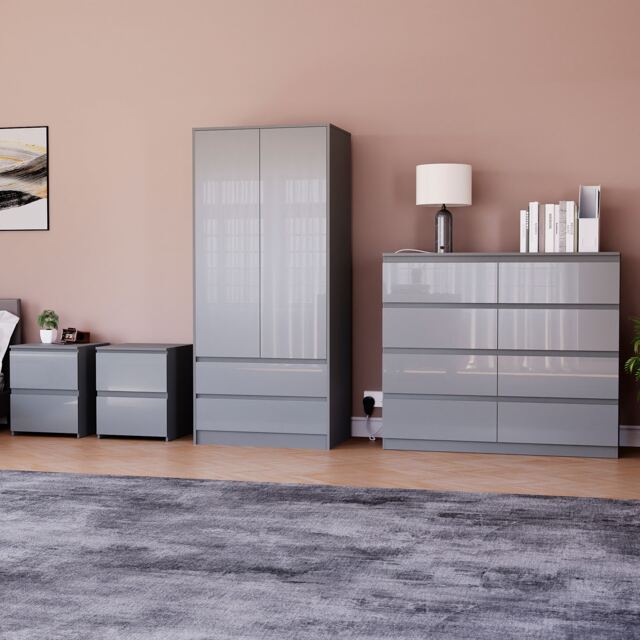 Vida Designs Glinton 4 Piece FSC Certified Bedroom Set (2 Drawer Bedside Chest x2, 8 Drawer Chest, 2 Door 2 Drawer Wardrobe), Grey Grey Grey L 4