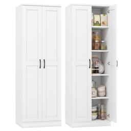 177 cm Tall Storage Cabinet, Utility Cupboard Organizer with Doors & Adjustable Shelves, Freestanding Pantry Cabinet for Kitchen, Living Room & Dining Room, White