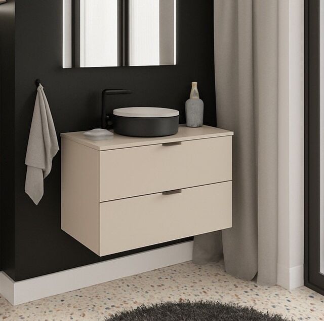 Bathroom Vanity Unit with Sink Beige Wall Cabinet 600mm Worktop Countertop Floating Drawer Storage Black Round Basin Dalia