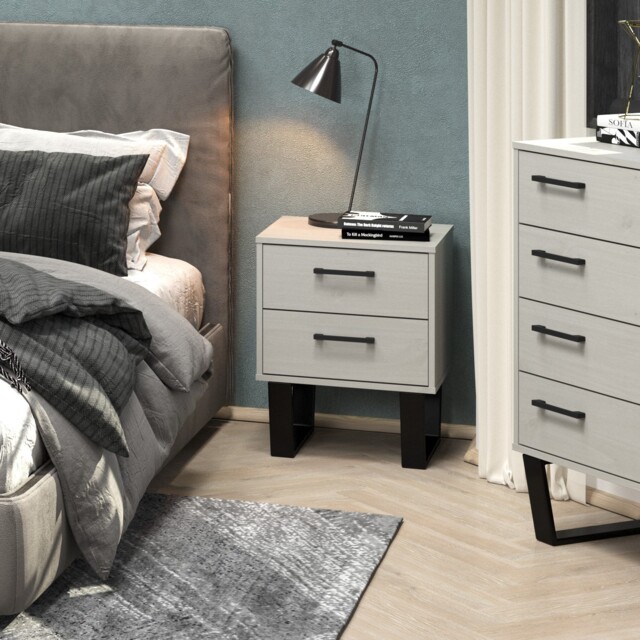 Texas 2 Drawer Bedside Cabinet - Industrial Style with Real Wood and Metal Legs Grey Grey Waxed Pine One Size 1