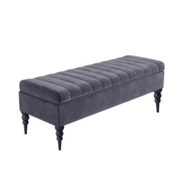 137cm Sierra Striped Ottoman Storage Bench with Black Turned Wooden Legs - Steel Grey Plush Velvet Upholstered Shoes Bench