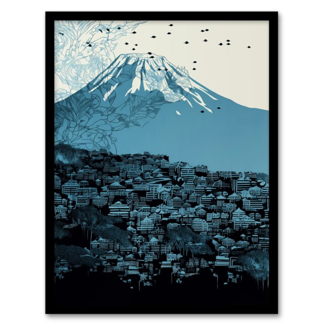 Snow Capped Mount Fuji Fujiyoshida City Black Framed Wall Art Print A4