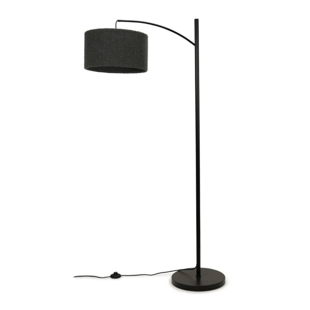 ValueLights Preto Black Metal Curve Stem Floor Lamp Charcoal Boucle Shade and Bulb