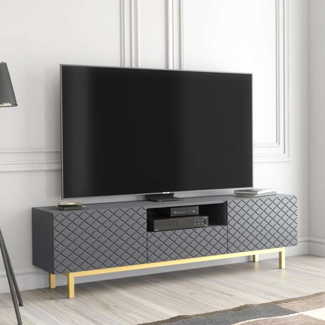 TV Unit Cabinet Sideboard Stand Storage Cabinet Grey Diamond Pattern Gold Legs 180cm