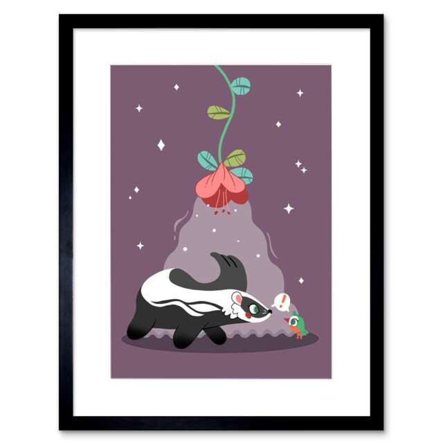 "Cute Badger Bird Cartoon Kids Bedroom 9x7"" Black Framed Wall Art Print"