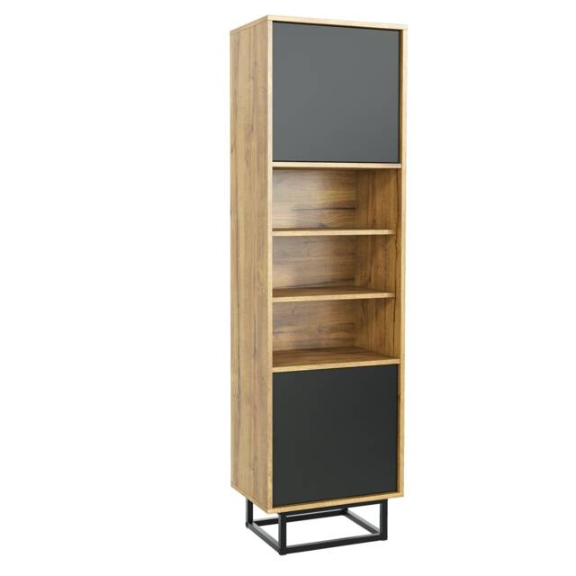 Tall Display Cabinet 175cm – Oak Matt & Black Matt with Metal Frame & Hidden Storage Multi Oak 175