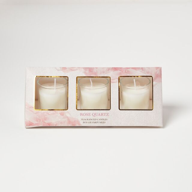 Homescapes Rose Quartz Rose & Eucalyptus Crystal Scented Candle Set – Pack of 3