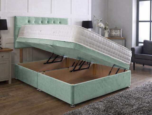 Side Lift 3ft Single Duck Egg Plush Ottoman Bed With Headboard and Mattress
