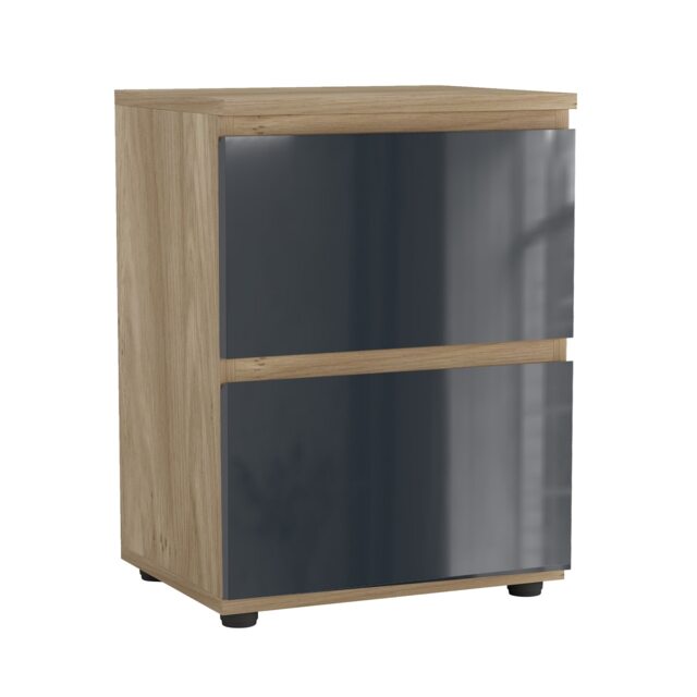 Gloss 2 Drawer Skagen High Wooden Bedside Cabinet No Handle Drawer Storage Multi Oak & Grey 1