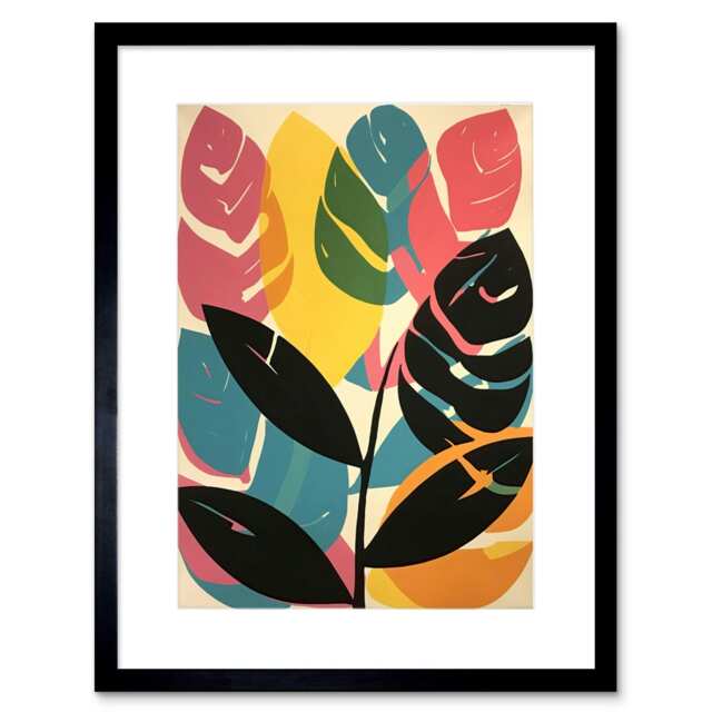 "Matisse Style Leaves Pink Yellow Blue Botanical Boho 9x7"" Black Framed Wall Art Print"