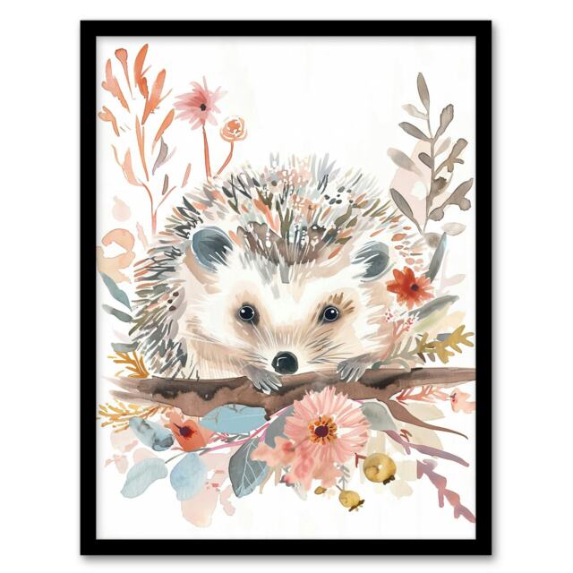 Wildflowers Modern Watercolour Hedgehog Living Room Black Framed Wall Art Print A4