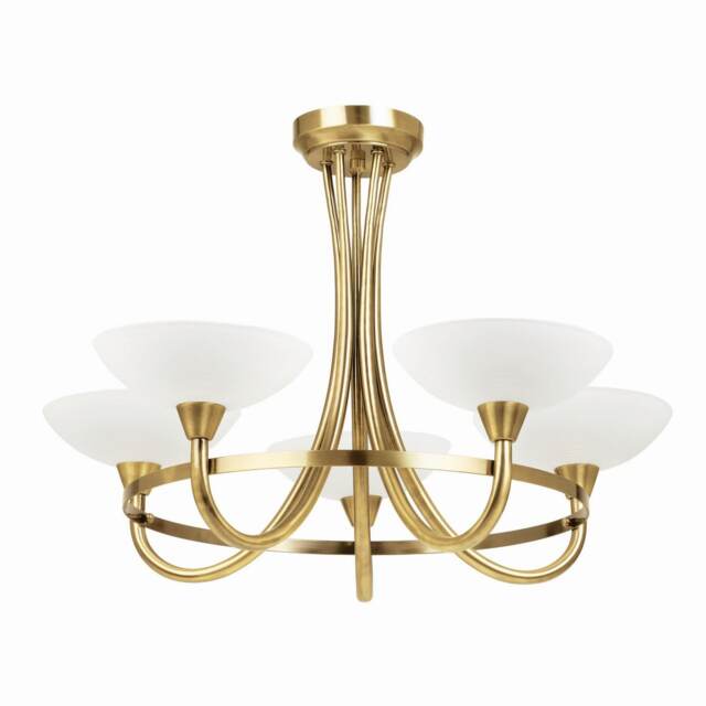 Cagney 5 Light Semi Flush Multi Arm Ceiling Light Antique Brass, White Glass, G9
