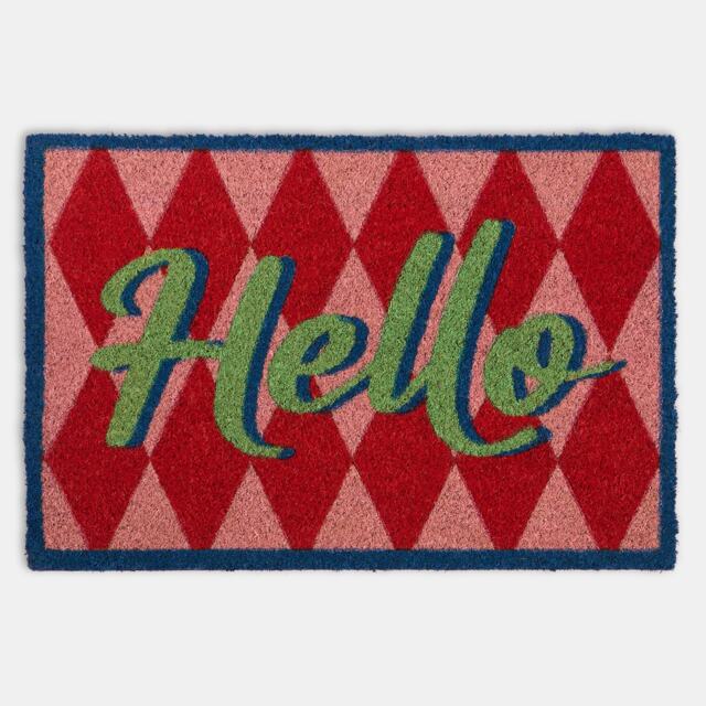 OHS Hello Slogan Coir Doormat Diamond Check Non Slip Door Rug Multi Pink/Red