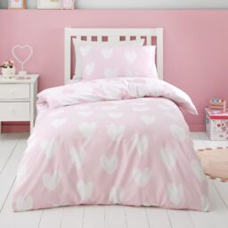 Brushed Cotton Hearts Reversible Duvet Cover Set Pink Double