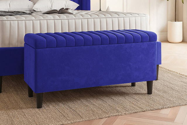 150cm Lined Upholstered Ottoman Storage box - Sapphire Blue Plush Velvet Blanket Storage Box with Wooden Legs